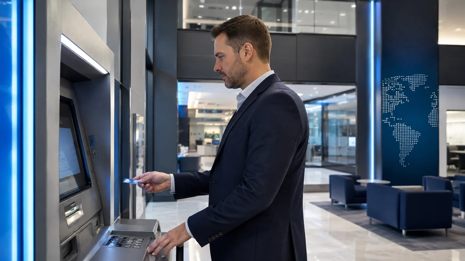 Customer using a modern bank ATM securely
